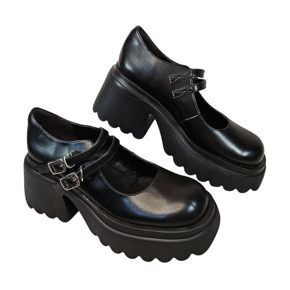 Cider Shoes - Cider Black Chunky Platform Double Strap Mary Jane Shoes UK-37US-7 Goth Dollcore